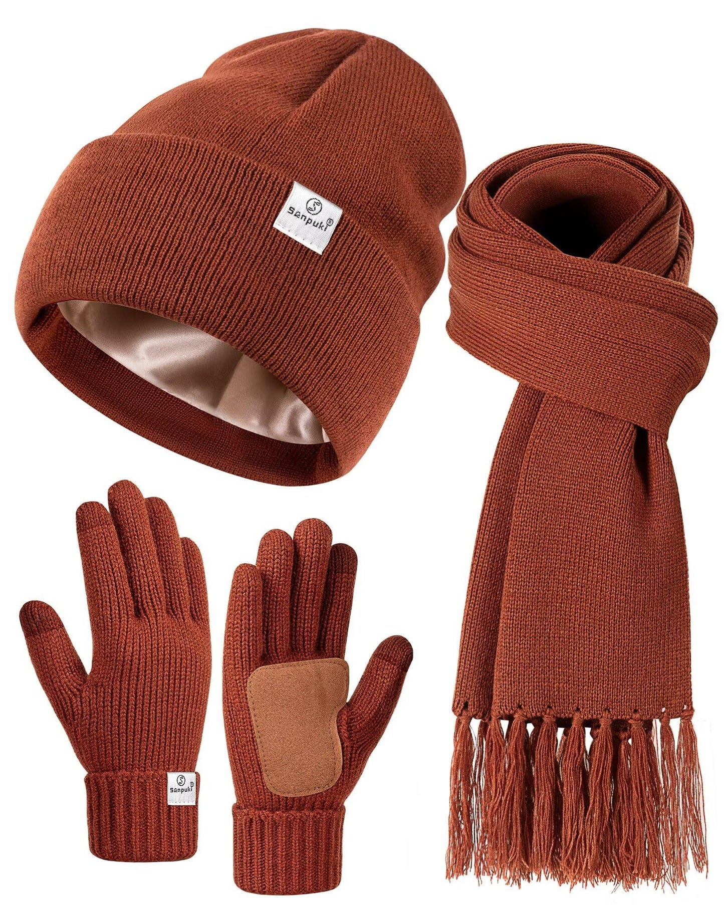 Womens Satin Lined Beanie Scarf Gloves Set, Silk Lined Winter Hats Knit Scarf Touchscreen Gloves, 3 Fashionable Warm Gift Set