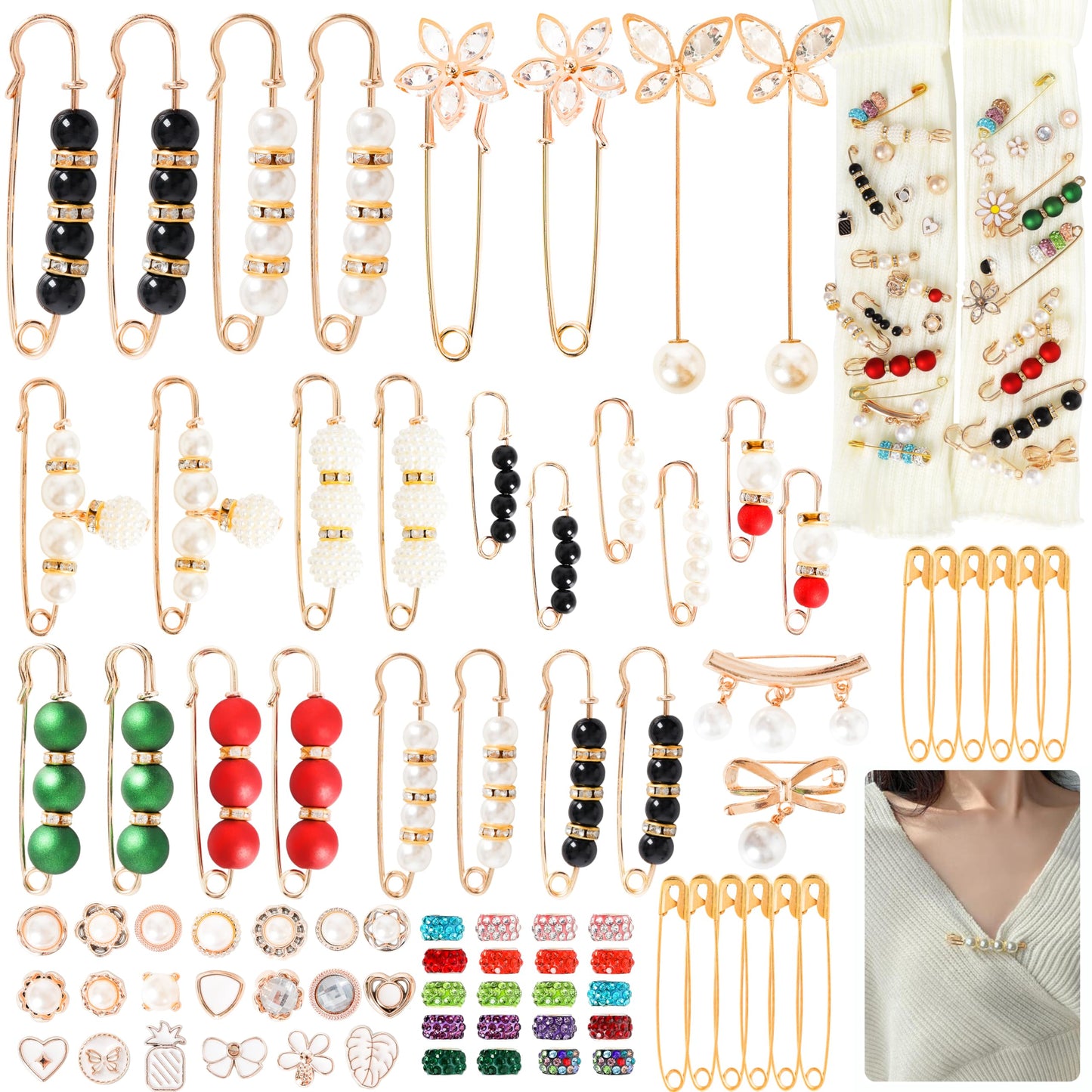 Gold Brooches Pins Charms for Socks: LOTOFUN Fashion 12,80,110PCS Rhinestone Pearl Bling Junk Sock Bulk Button - Decorative Safety Pins Brooch for Women Shoes Clothes Sweater Hat Pant