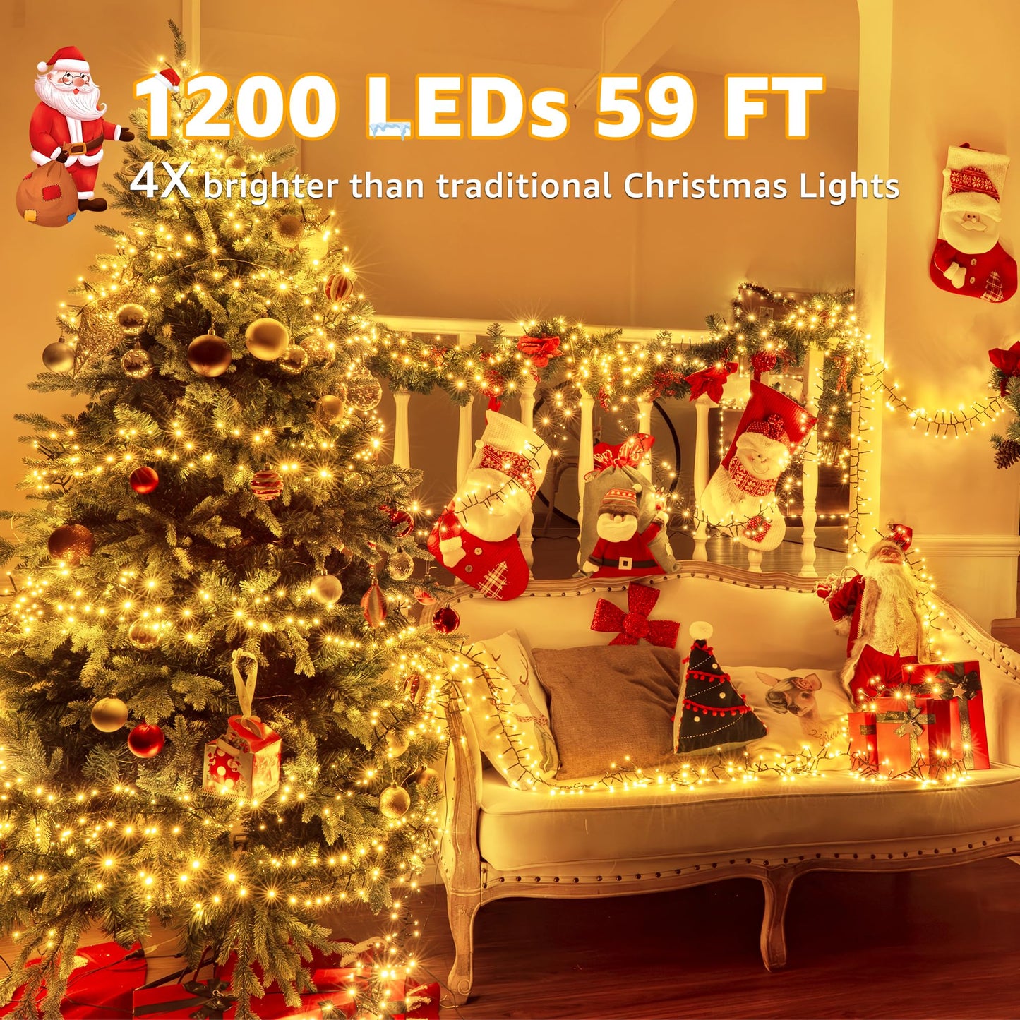 Ccinny 1200 Led 59 Ft Cluster Lights Warm White Christmas Tree Lights 8 Modes Timer Remote Waterproof String Lights For Indoor Outside Garland Xmas Decorations