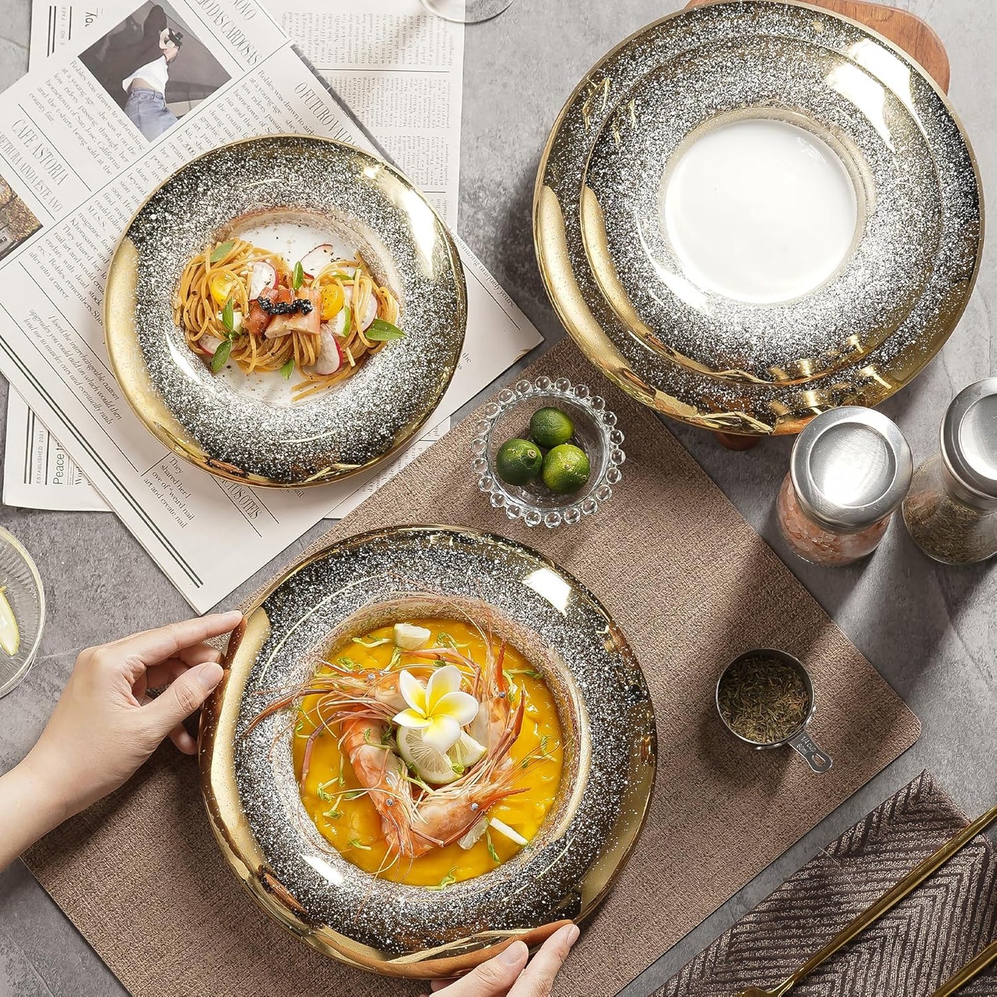 10 Inch Porcelain Dinner Plates Set of 4 - Hand-Decorated Gold Speckled Rim, Restaurant Grade Fine Dining Ceramic Plates for Elegant Presentation, Pasta, Seafood, Salad, Sushi