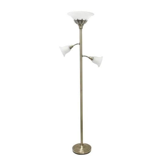 Lalia Home Torchiere Floor Lamp with 2 Reading Lights, Metal, Antique Brass/White Shades, Model LHF-3002-AB