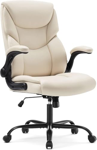 DUMOS Office Chair Set of 2 - Ergonomic Executive Computer Desk Chairs with Adjustable Flip-up Armrest, Swivel Task Chair with Lumbar Support, Strong Metal Base, PU Leather, Cream White