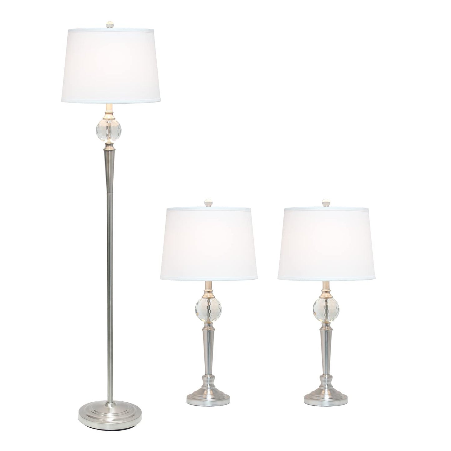 Elegant Designs LC1021-BSN Table Lamp Set, 3 Pack, Brushed Nickel, Crystal Accented Base, 2 Table Lamps & 1 Floor Lamp