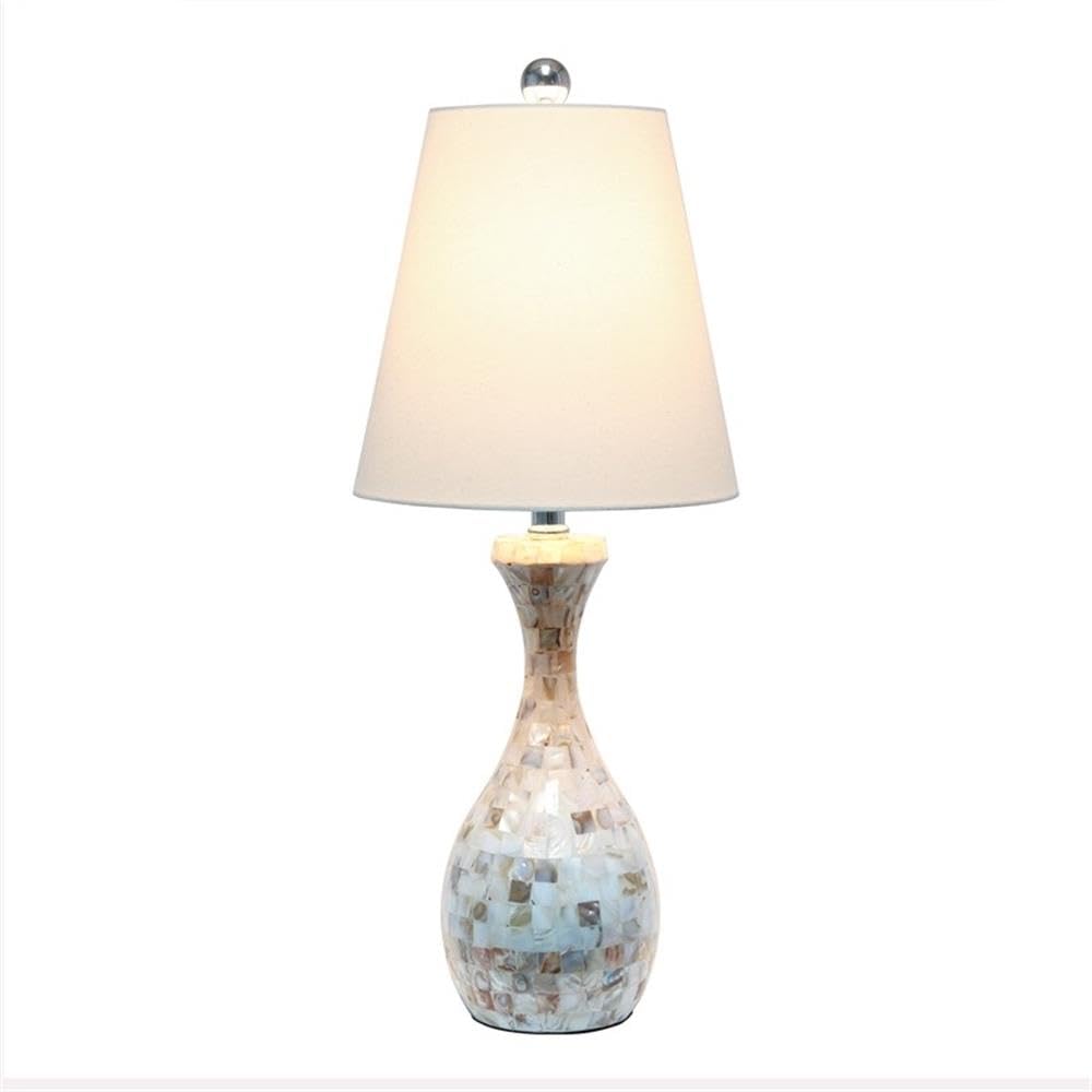 Elegant Designs Table Lamp - Seashell Mosaic Tile Look, Fabric Shade, 10inL x 10inW x 25inH, White, Model LT3336-MOP