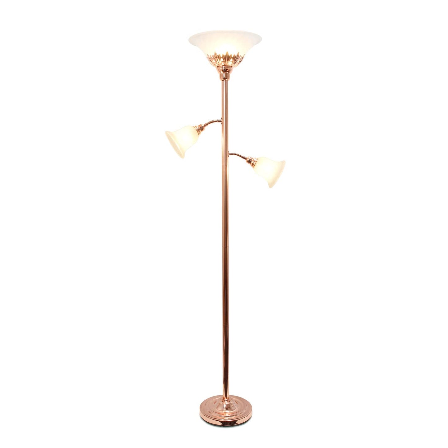 LALIA HOME Torchiere Floor Lamp with 2 Reading Lights, Metal, Rose Gold/White Shades, Model LHF-3002-RG