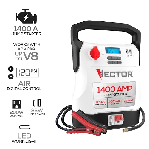 Vector 1400 Peak Amp Jump Starter with 120 PSI Compressor & USB-C & USB-A Power