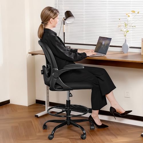 Primy Home Office Drafting Chair - Tall Desk Chair with Flip-up Armrests 3D Lumbar Support, Comfort Drafting Chair with Footrest for Standing Desk, High Chair for Bar Study Work