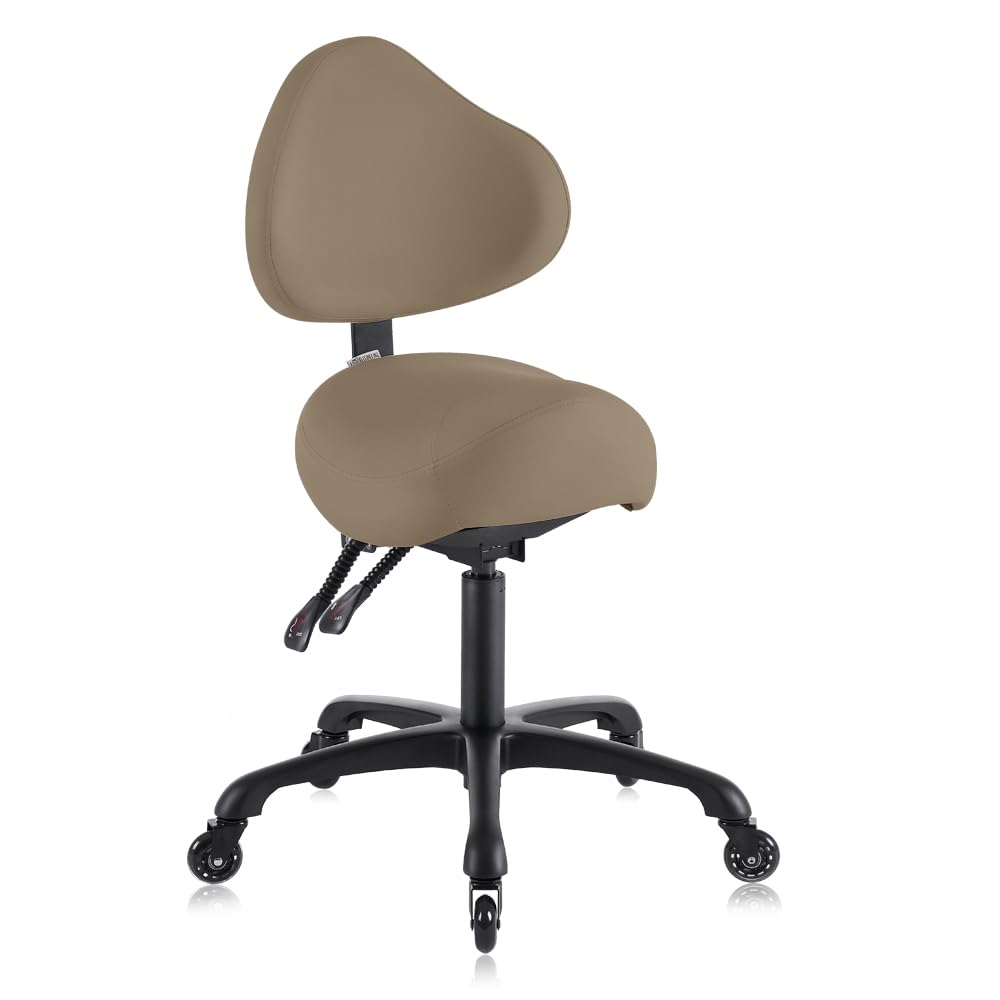DR.LOMILOMI Pneumatic Swivel Rolling Saddle Chair with Wheels and Ergonomic Back Support for Hair Stylist, Dental Hygienist, Hygienic Clinic, Spa, Massage, Home, Office - 510 KOA (Tan, Standard)