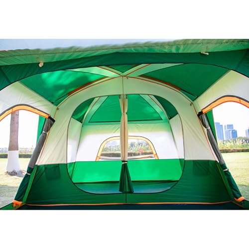 KTT Extra Large Tent 10-12 Person(B),Family Cabin Tents,2 Rooms,3 Doors and 3 Windows with Mesh,Straight Wall,Waterproof,Double Layer,Big Tent for Outdoor,Picnic,Camping,Family Gathering(Green)