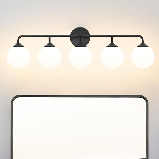 Dsmjfu Dsmjfu Modern Matte Black 5-Lights Bathroom Vanity Light  Lighting Fixtures Over Mirror With Milky White Glass Ball Shades  Wall Sconces For Bathroom Dressing Table Bedroom