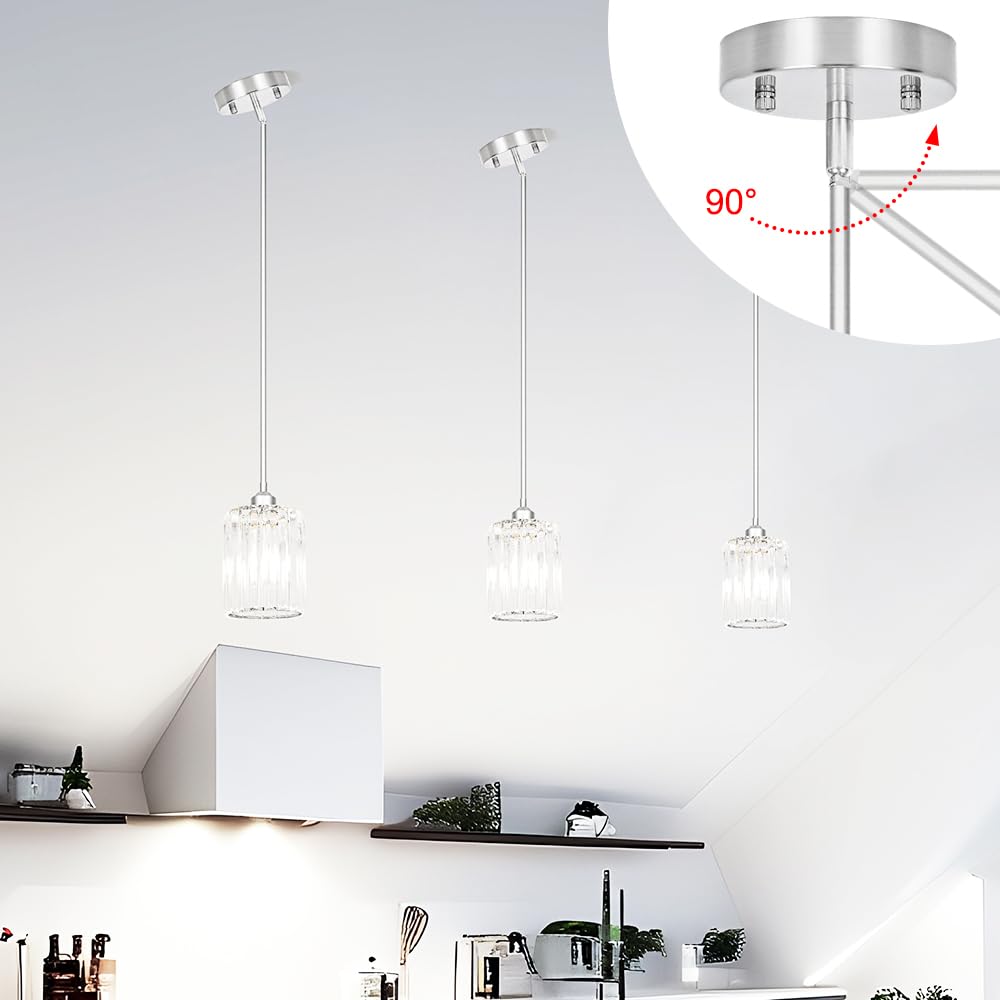 Chrome Kitchen Pendant Lights Over Island With Adjustable Rods - Crystal Pendant Lighting Fixtures For Sloped Ceiling  Ideal Over Dining Table Or Bar  E26 Bulb Compatible  No Electrician Needed