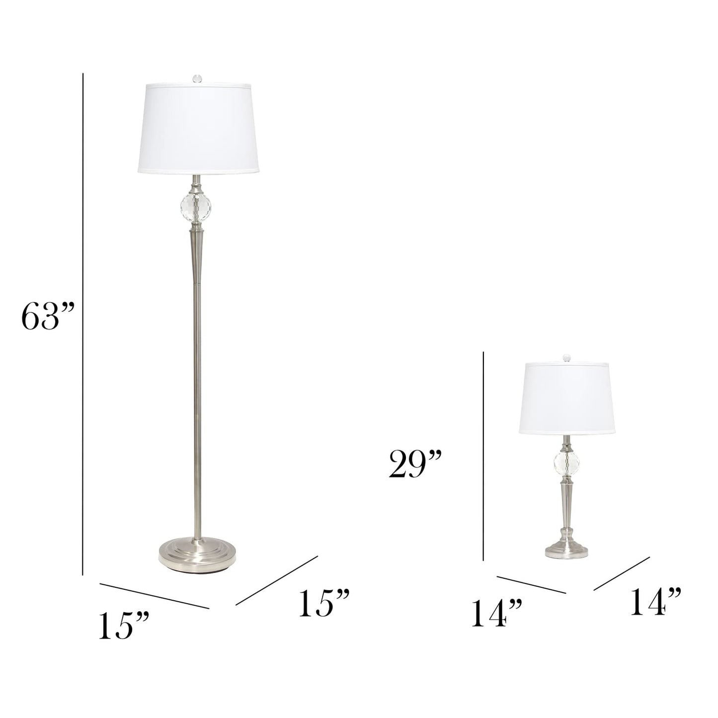 Elegant Designs LC1021-BSN Table Lamp Set, 3 Pack, Brushed Nickel, Crystal Accented Base, 2 Table Lamps & 1 Floor Lamp