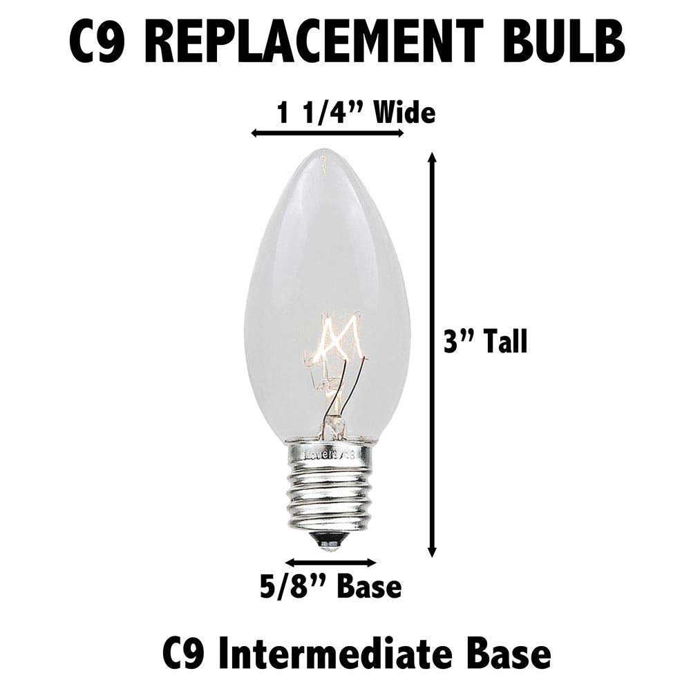 Novelty Lights C9 Outdoor Christmas Replacement Bulbs, Clear Glass, E17 Intermediate Base, 7 Watt, 500 Bulbs