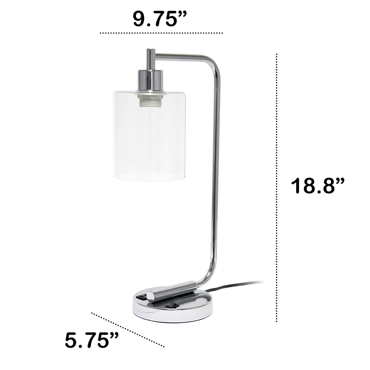 LALIA HOME Indoor Table Lamp, Modern Iron Desk Lamp with USB Port, Glass Shade, 9.75inL x 5.75inW x 18.8inH, Chrome, Model LHD