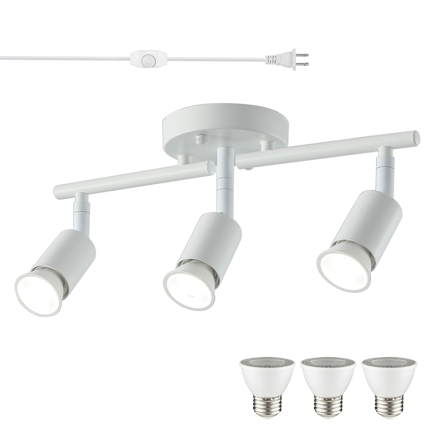 Vivihobb Dimmable Plug In Track Light White 3 Light Plug In Ceiling Lighting Fixture With 16.4 Long Cord 4 Way Ceiling Spotlight Rotatable Wall Mount Light Head Led Dimmable Spot Bulbs Included