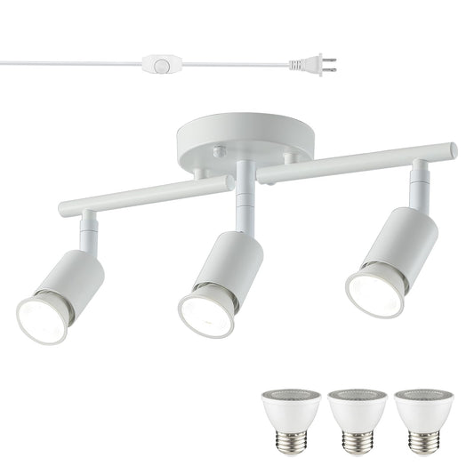 Vivihobb Dimmable Plug In Track Light White 3 Light Plug In Ceiling Lighting Fixture With 16.4 Long Cord 4 Way Ceiling Spotlight Rotatable Wall Mount Light Head Led Dimmable Spot Bulbs Included
