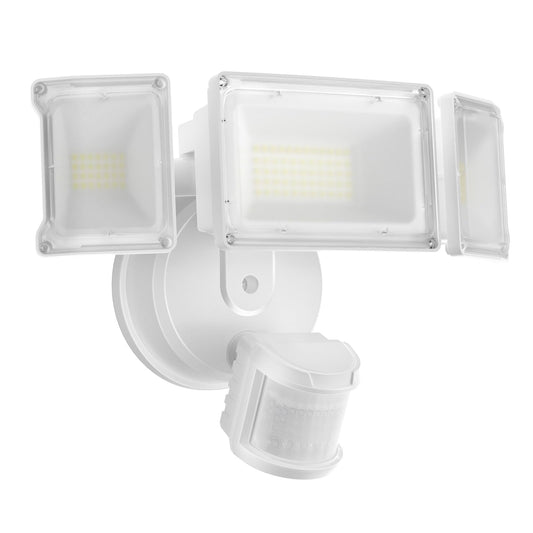 Olafus 65W Outdoor Motion Sensor Flood Light, 6000LM, IP65 Waterproof, 3 Head, White, Model BDB55G-3