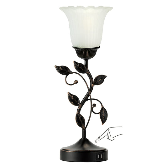 RORIANO Touch Control Bedside Lamp, 3-Way Dimmable, Metal Leaf Design, Black & White Glass Shade, LED Bulb Included, Model LM-L08841-TT