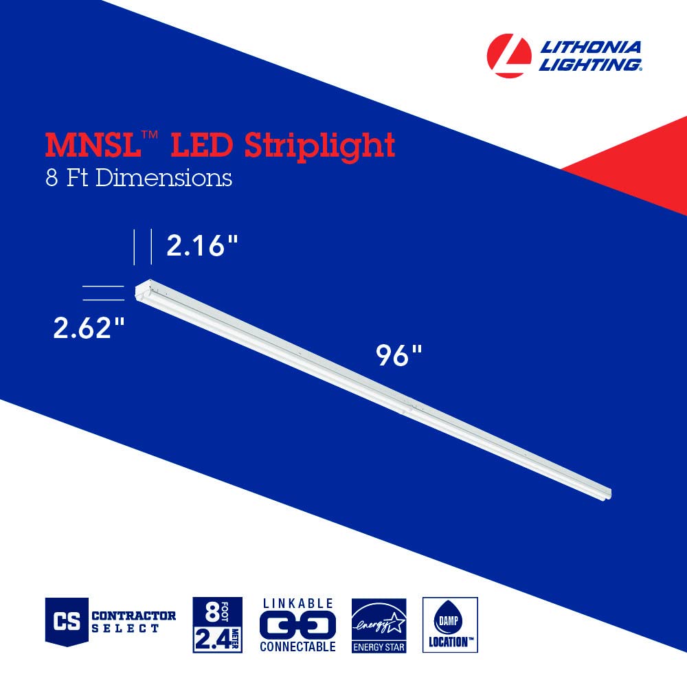 Lithonia Lighting LED Strip Light, 8-Foot, 2-Light, Aluminum, Model MNSL L96 2LL MVOLT, 4000K, 80CRI, White