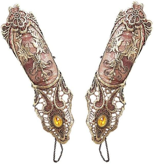 Juland Lace Fingerless Gloves Women Gothic Floral Lace Steampunk Wristband Ring Vintage Beaded Handmade Lace Up Gloves Bridal Bracelet Ring Set - 1 Pair –Bronzing S Size