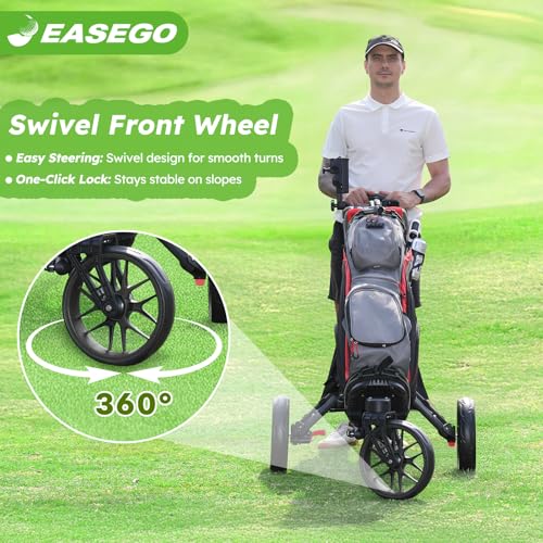 EASEGO Golf Push Cart 3 Wheel : 360° Swivel Front Wheels with Phone Holder/Cup Holder/Umbrella Holder/Foot Brake Quick Fold Golf Walking Push Pull Carts All-Terrain Golf Caddy Carts(Black)