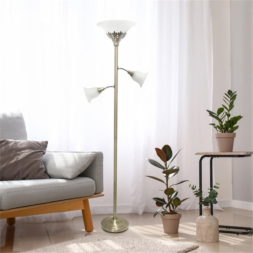 Lalia Home Torchiere Floor Lamp with 2 Reading Lights, Metal, Antique Brass/White Shades, Model LHF-3002-AB