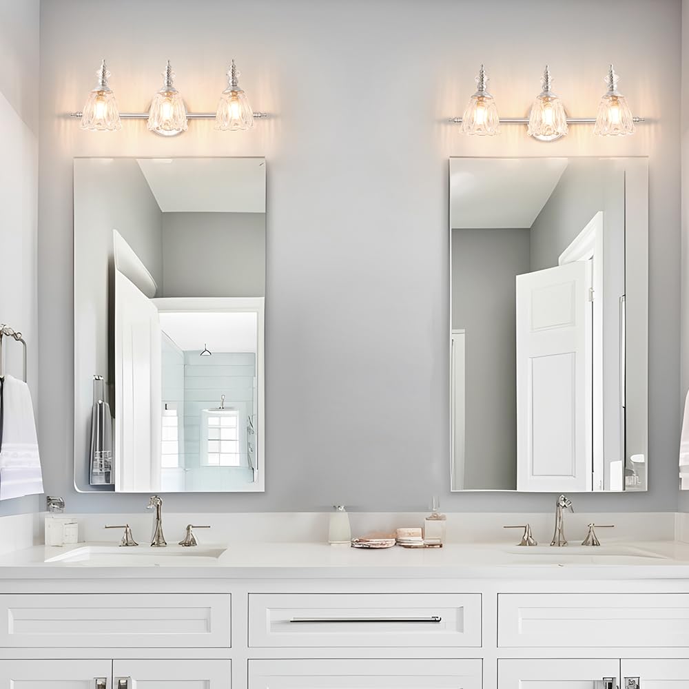 Ditoon Brushed Nickel Vanity Light  Antique Bathroom Vanity Light Over Mirror  3 Light Lighting Fixture With Flower Glass Shade  Farmhouse Sconces Wall Lighting For Hallway Living Room Bedroom