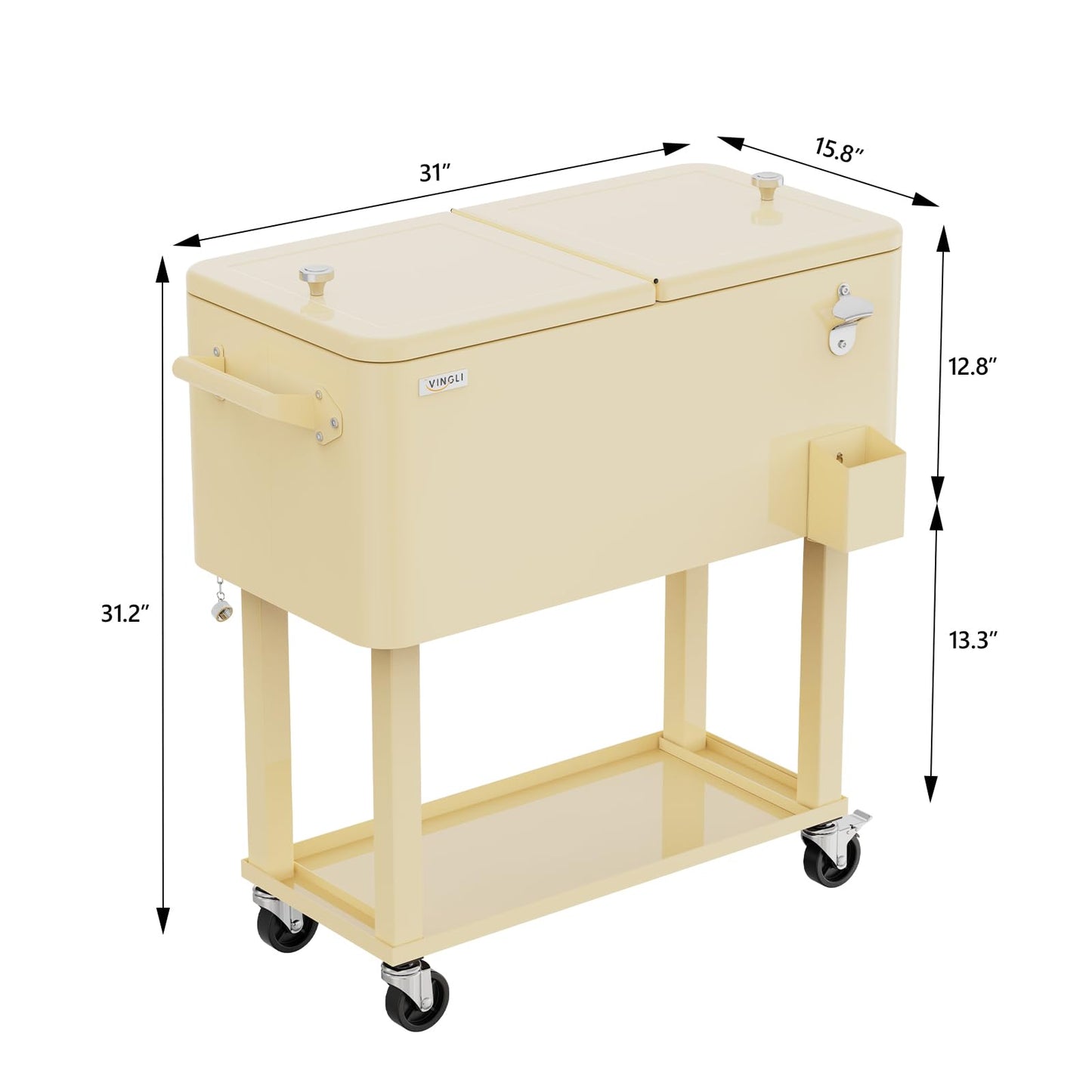 VINGLI 80 Quart Rolling Ice Chest, Portable Patio Party Bar Drink Cooler Cart, with Shelf, Beverage Pool with Bottle Opener (Beige)