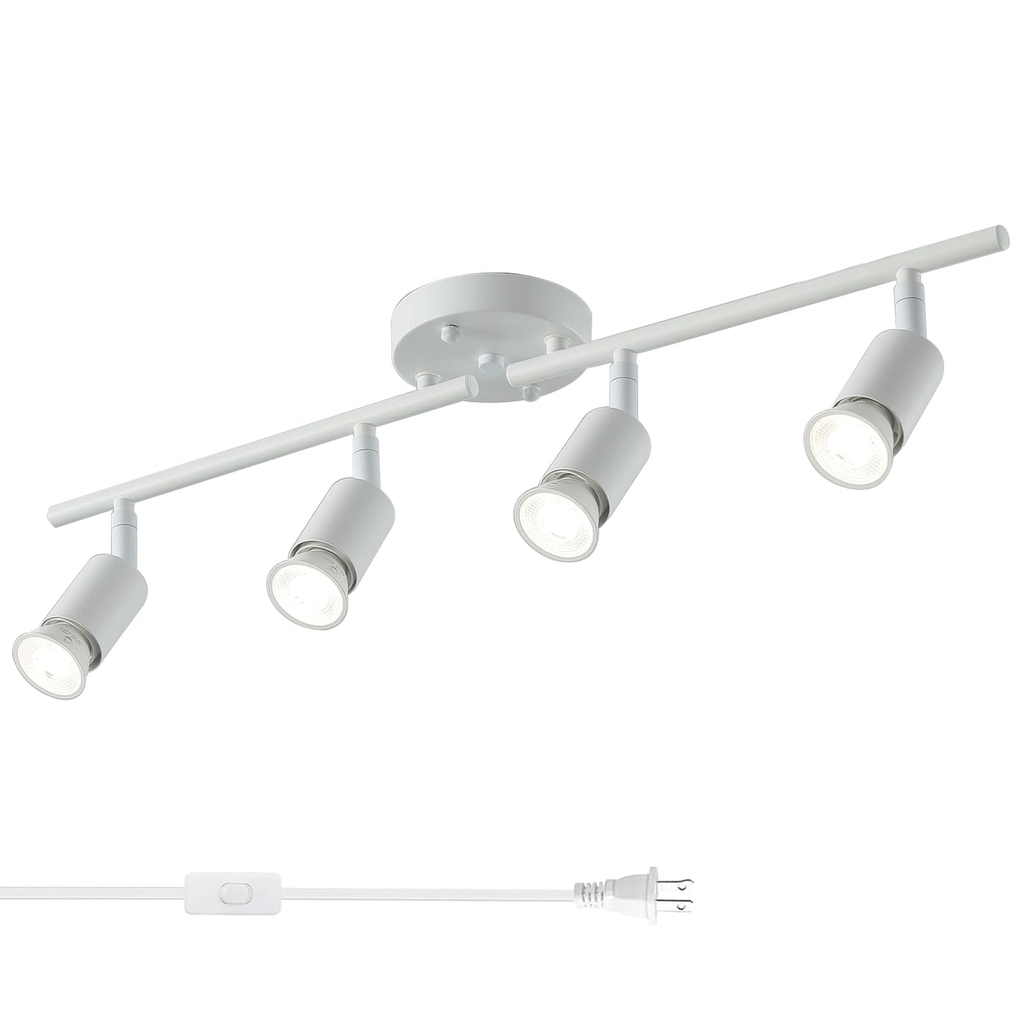 Vivihobb Plug In Track Light White 4 Light Plug In Ceiling Lighting Fixture With 16.4 Long Cord 4 Way Ceiling Spotlight Rotatable Wall Mount Light Head