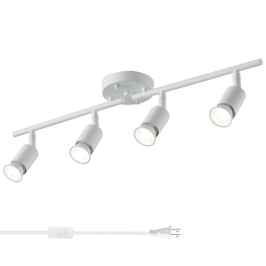 Vivihobb Plug In Track Light White 4 Light Plug In Ceiling Lighting Fixture With 16.4 Long Cord 4 Way Ceiling Spotlight Rotatable Wall Mount Light Head