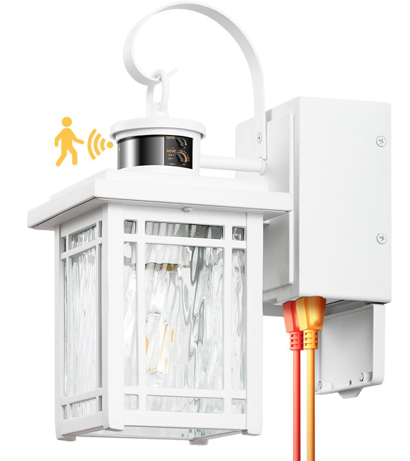 Opaxis Outdoor Porch Light With Gfci Outlet  White Exterior Lighting Fixtures Wall Mount  Motion Sensor Outdoor Wall Sconce  Anti-Rust Coach Lights For Garage  Modern Patio Lantern Lights For House
