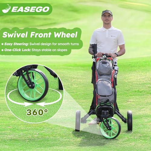EASEGO Golf Push Cart 3 Wheel : 360° Swivel Front Wheels with Phone Holder/Cup Holder/Umbrella Holder/Foot Brake Quick Fold Golf Walking Push Pull Carts All-Terrain Golf Caddy Carts(Lime Green)