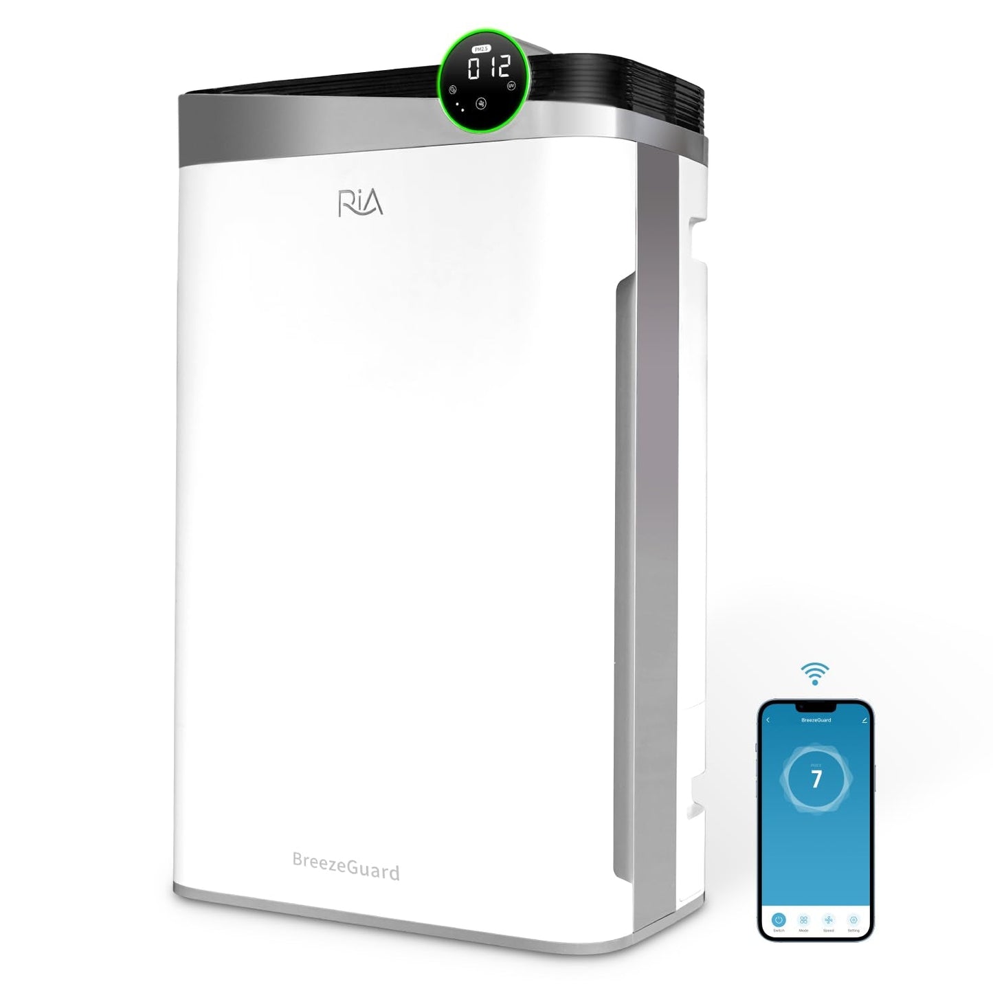 RIA BreezeGuard HEPA Air Purifier for Home & Large Rooms up to 2500 Sq Ft – Smart Air Cleaner with Evaporative Humidifier, App Control, PM2.5 Sensor, for Pets, Allergies, Smoke & Dust