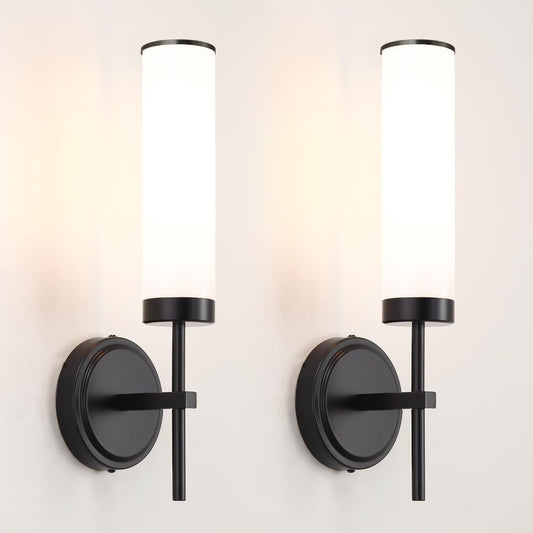 Matte Black Wall Sconces Set Of 2  Modern Bathroom Sconces Wall Lighting With Opal White Glass  Vanity Light Fixtures For Bathroom  Wall Mount Lights For Living Room Bedroom Hallway  Hardwired