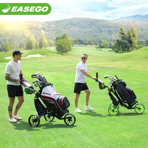 EASEGO Golf Push Cart 3 Wheel : Golf Bag Cart Foldable with Phone/Cup/Umbrella Holder Compact Golf Pull Carts Quick Fold Golf Caddy Push Carts with Large Wheelbase for Different Terrain (Lemon Green)