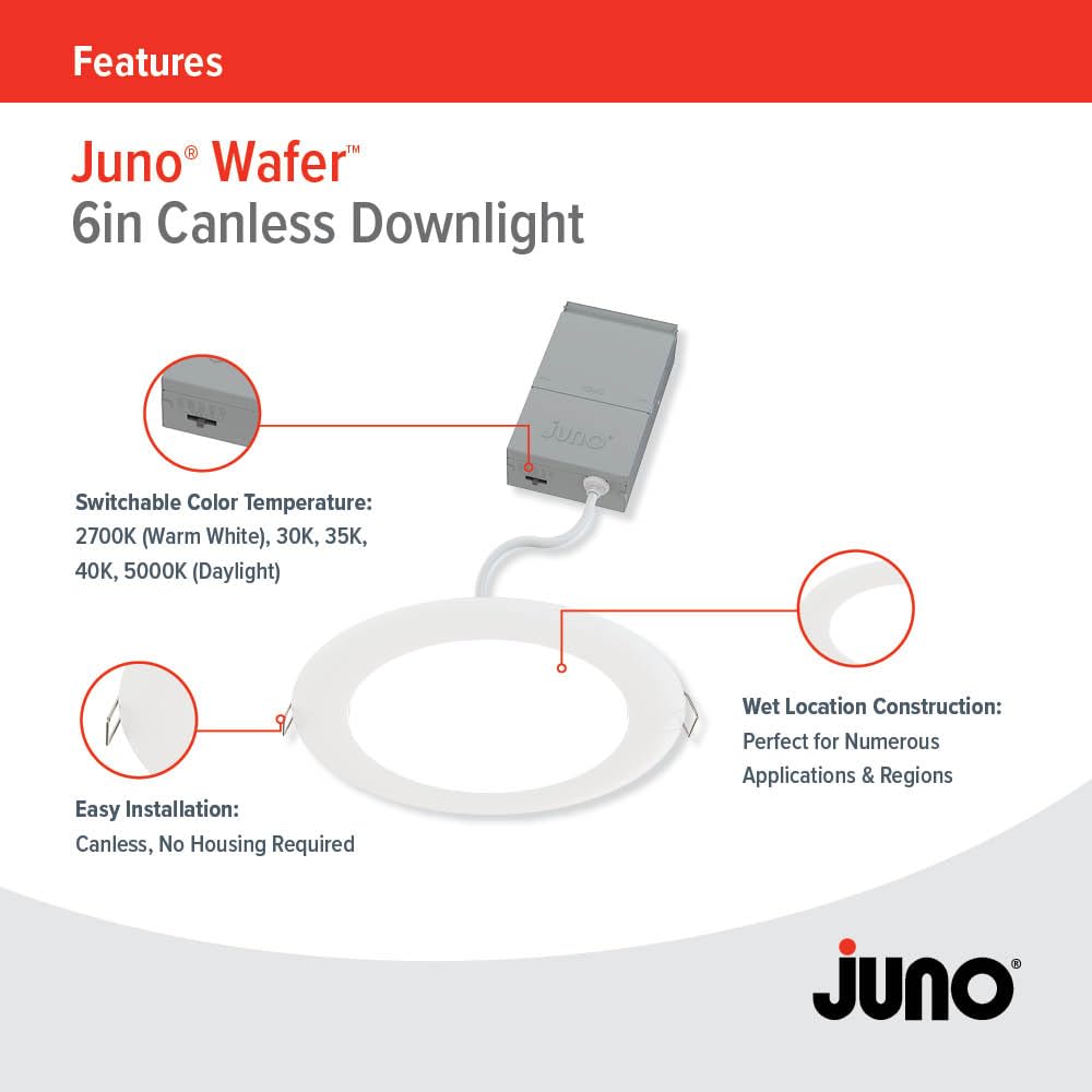 Juno Led Recessed Lights 6 Inch Round Wafer Downlight  5-In-1 Switchable White Color Temperature  120 Volts  6-Inch Ultra-Thin Flat Trim  Matte White  4-Pack (Wf6 Sww5 90Cri Mw Cp4 M2)
