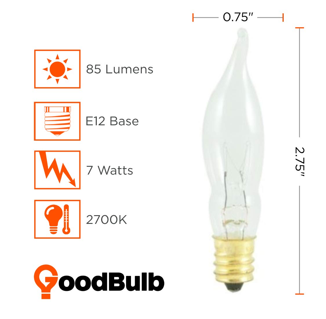 GoodBulb 7W Dimmable Flame Tip Candelabra Bulbs 12 Pack E12 Base 2700K Warm White Clear Finish