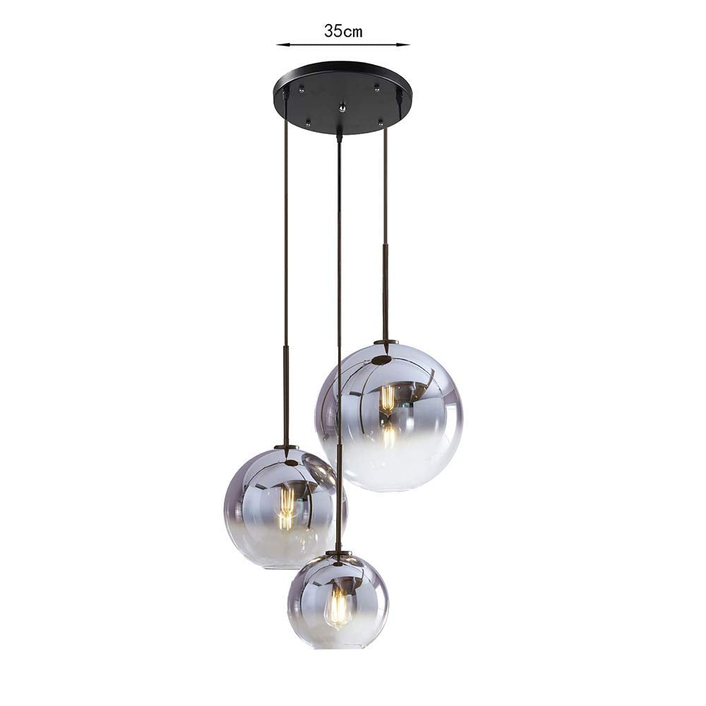 MZStech H XD GLOBAL 3-Light Globe Pendant Light, Silver Glass Chandelier for Kitchen Island, 35cm