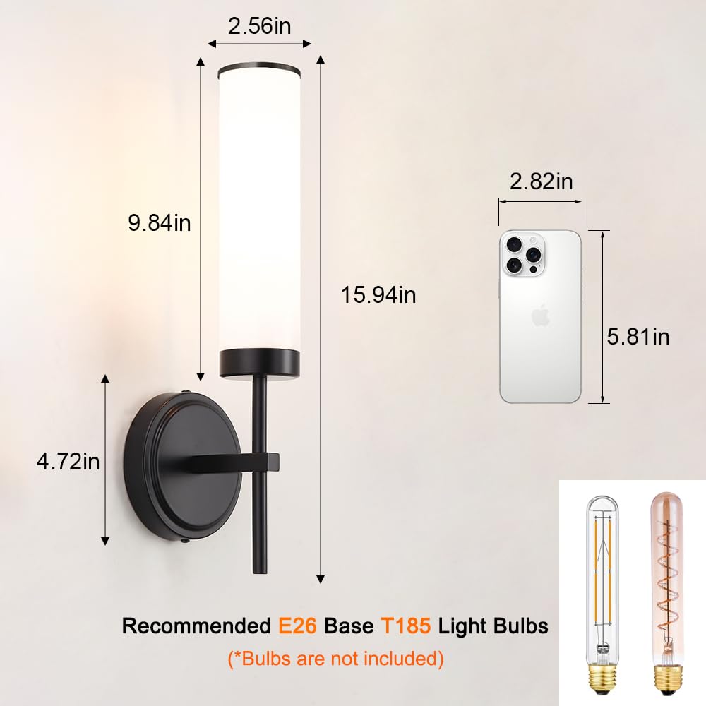 Matte Black Wall Sconces Set Of 2  Modern Bathroom Sconces Wall Lighting With Opal White Glass  Vanity Light Fixtures For Bathroom  Wall Mount Lights For Living Room Bedroom Hallway  Hardwired