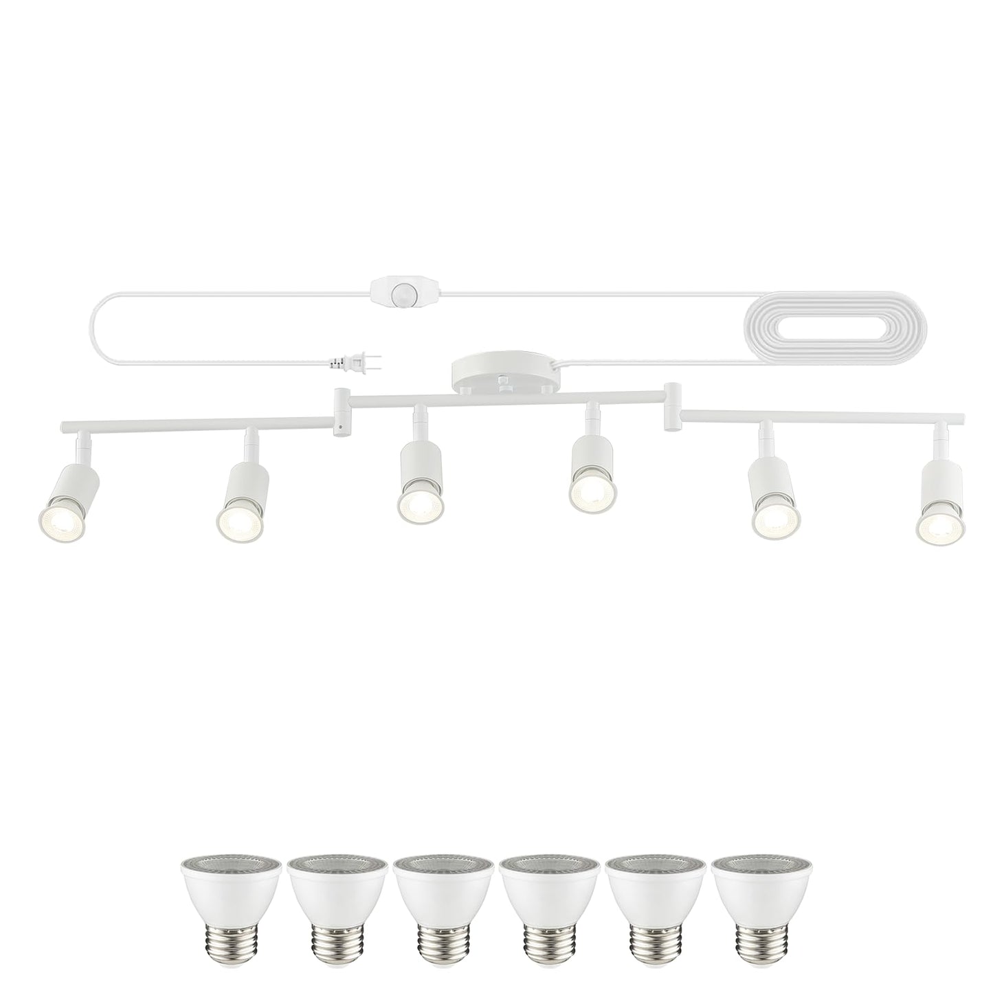 Vivihobb Dimmable Plug In Track Light White 6 Light Plug In Ceiling Lighting Fixture With 16.4 Long Cord 6 Way Ceiling Spotlight Rotatable Wall Mount Light Head Led Dimmable Spot Bulbs Included