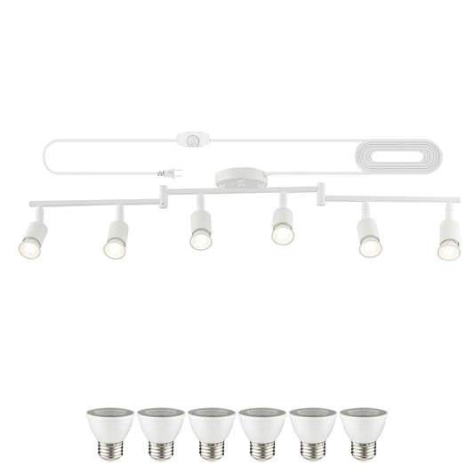 Vivihobb Dimmable Plug In Track Light White 6 Light Plug In Ceiling Lighting Fixture With 16.4 Long Cord 6 Way Ceiling Spotlight Rotatable Wall Mount Light Head Led Dimmable Spot Bulbs Included