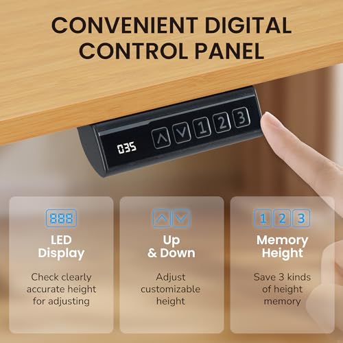 Hexago 63 x 24 Inch Electric Standing Desk, Adjustable Sit Stand Desk with Splice Board, 3 Memory Presets, Dual Hooks, T-Leg Frame – Oak