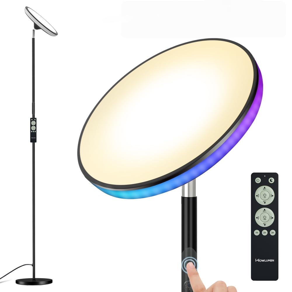 WOWLUMEN Floor Lamp, Modern Torchiere Sky LED, 42W 3700LM, Dimmable, Remote, 5 Color Temperatures, Black, Model FLG-042