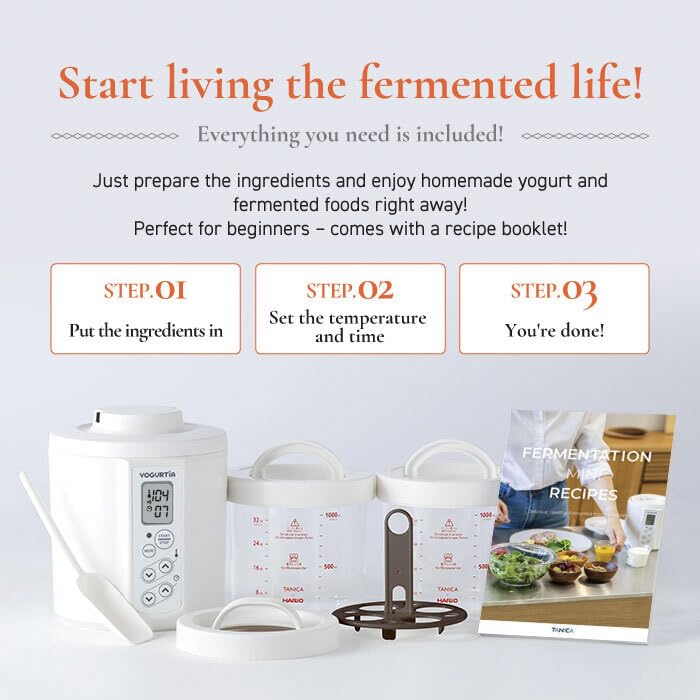 [TANICA] YOGURTiA Yogurt Maker & Fermented Food Machine - Made in Japan & 100-240V Support - 2 Glass Pots, Adjustable Temperature & Timer for Greek Yogurt, Natto, Miso, Amazake - Recipe Book