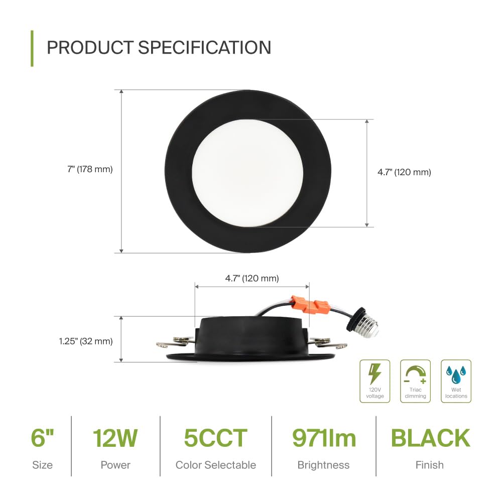 Asd Flat Trim Retrofit Led Recessed Lighting 6 Inch | Ultra Thin Black 12W 971Lm Wet Rated Dimmable Downlights | 2700K-5000K Adjustable Led Recessed Light Fixtures | Disk Can Lights  Etl 24 Pack