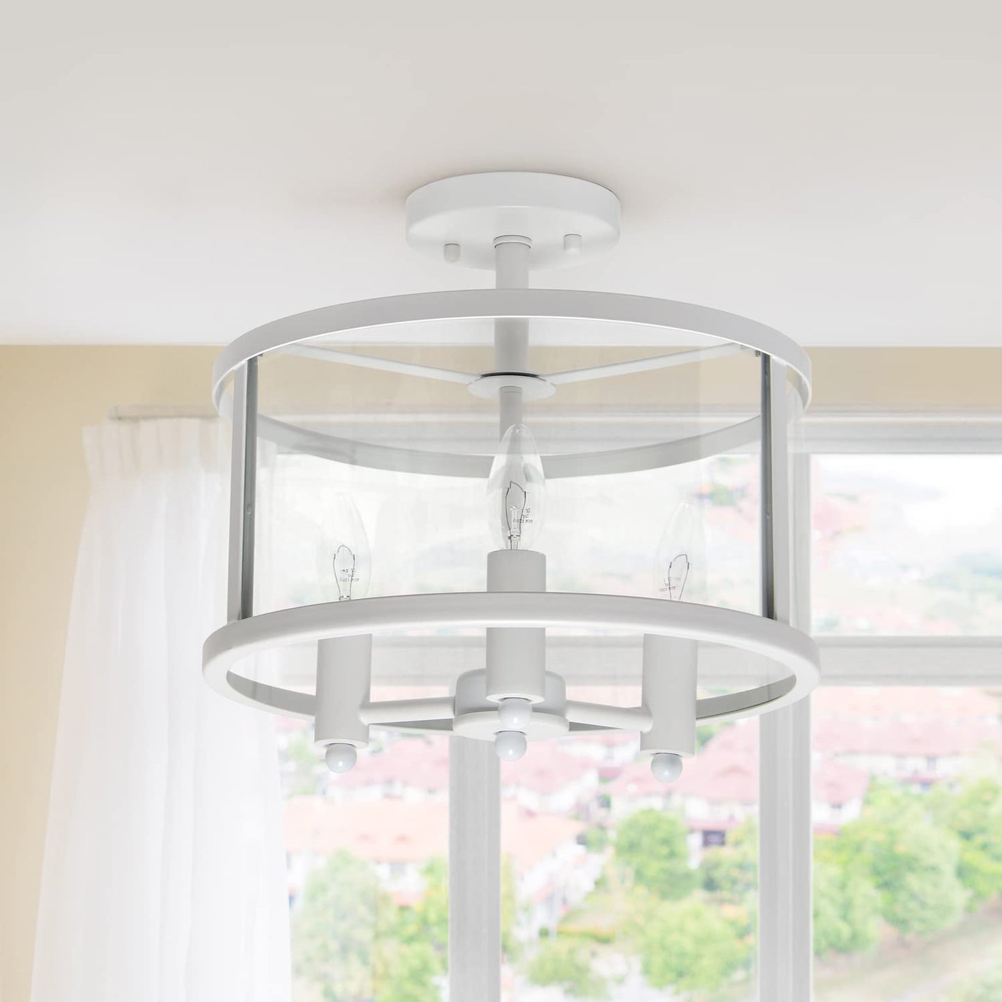 Elegant Designs FM1005-WHT 3-Light Semi-Flushmount Ceiling Light, 13in Iron & Glass, Matte White, Traditional Farmhouse Style