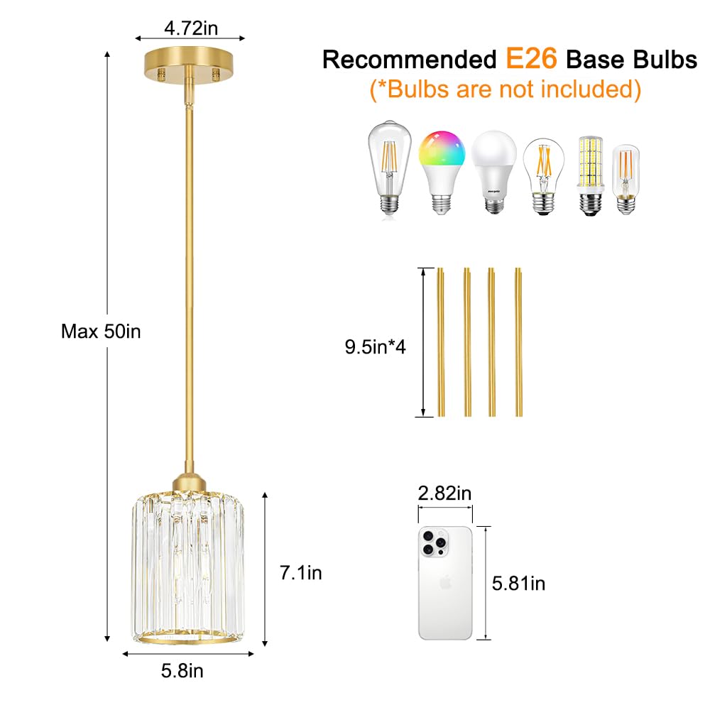 Lxybcce Gold Kitchen Pendant Lights Over Island With Adjustable Rods - Crystal Pendant Lighting Fixtures For Sloped Ceiling  Ideal Over Dining Table Or Bar  E26 Bulb Compatible  No Electrician Needed