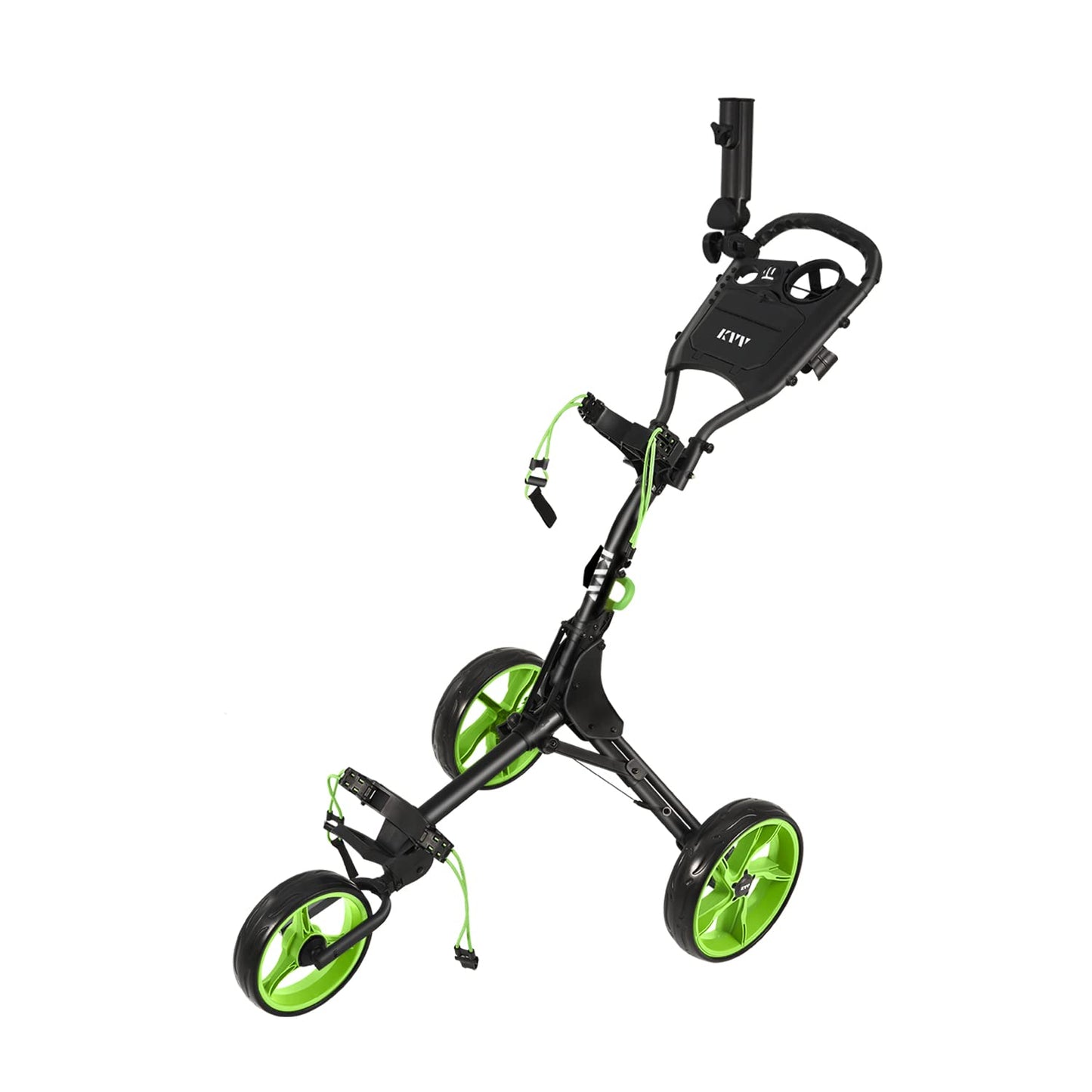 KVV 3 Wheel Foldable/Collapsible Golf Push Cart Ultra Lightweight Smallest Folding Size, New-Version Scorecard Holder Umbrella Holder Included(Black/Lime)