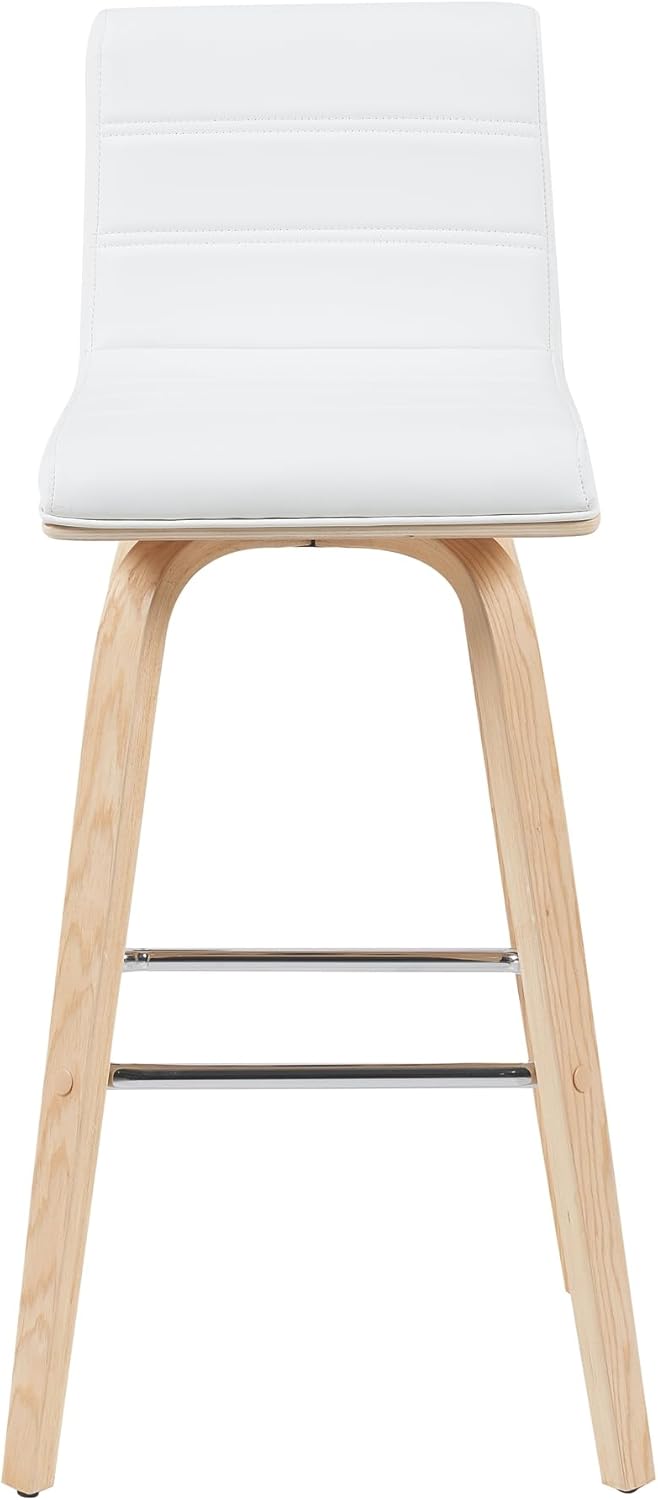 Armen Living Vienna Modern Swivel 30" Bar Height Barstool with White Faux Leather and Patterned Oak Wood Finish