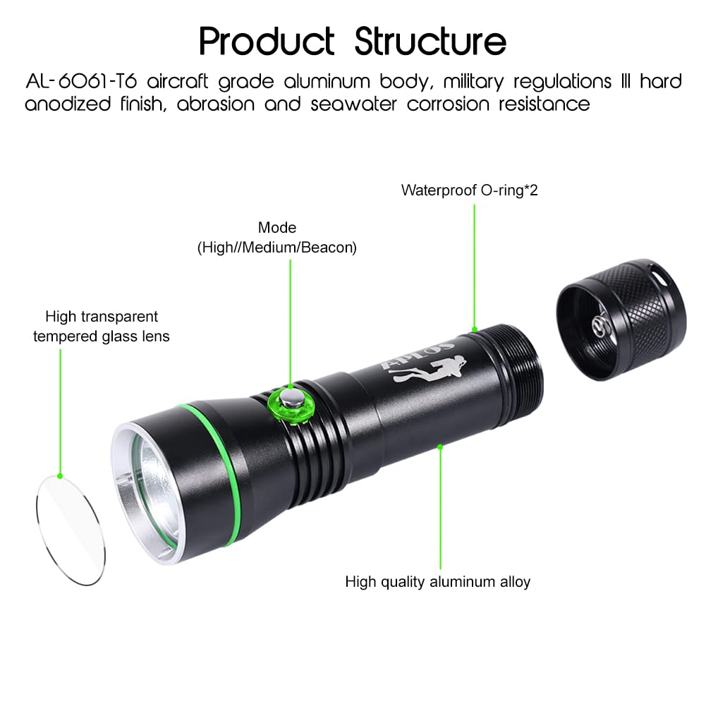 APLOS AP30 Diving Flashlight - 3000lm, IPX8 Waterproof, Aluminum, Black